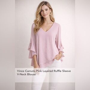 Vince Camuto Pink Layered Ruffle Sleeve V-Neck Blouse